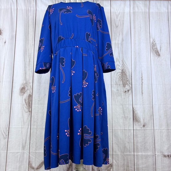 Dresses & Skirts - New Floral Midi Dress 3/4 Sleeves Pockets Evening Flare Pleated Blue Size XXL
